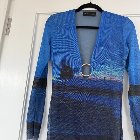 Louisa Ballou Mini Dress Semi-Sheer Blue Mesh Printed Deep V-Neck Ring Accent - Picture 6 of 9